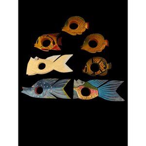 Vintage Hand-Painted Wooden Fish Napkin Rings & Holders – Set of 7